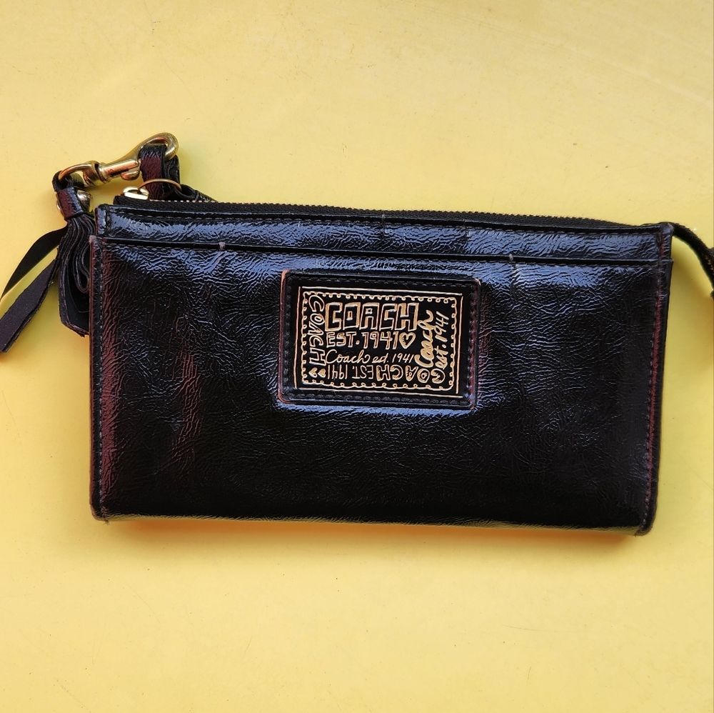 Coach Black Leather Wristlet with Gold Accents